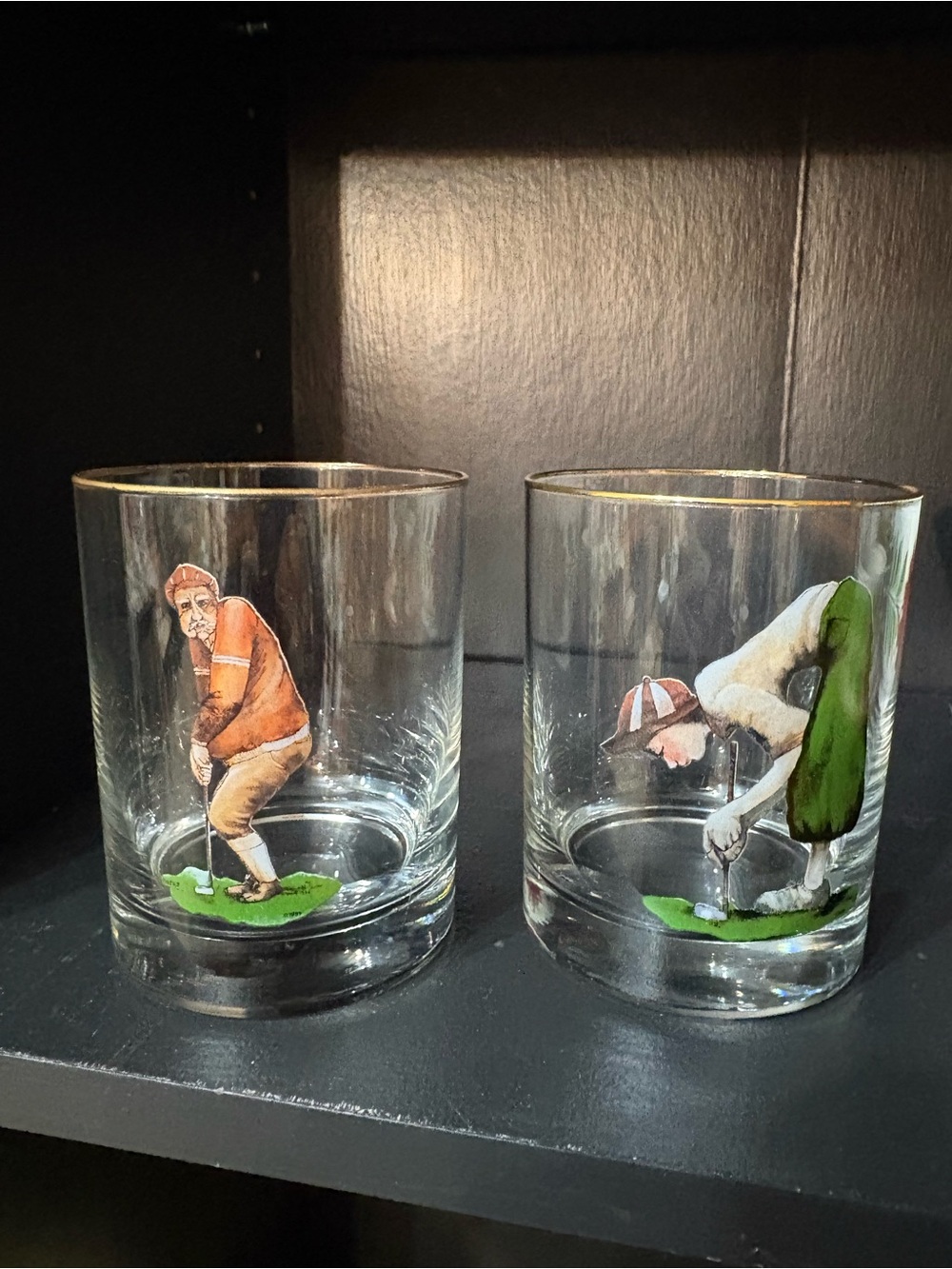 Vintage 90s Richard E Bishop His & Hers Golf Gold Rimmed Old Fashion Bar Glasses